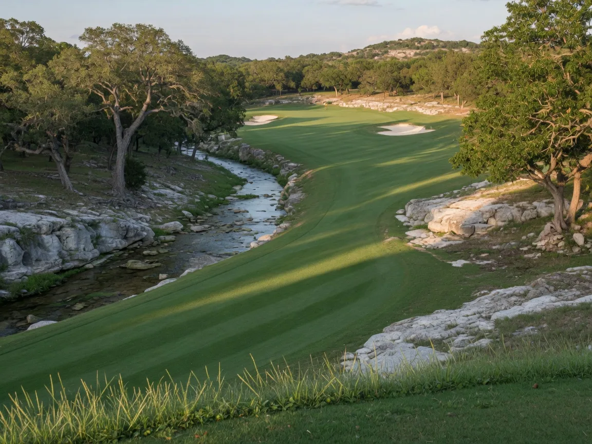 A golf hole at Mill Creek where the fairway narrows over a clear rocky creek in the Texas Hill Country