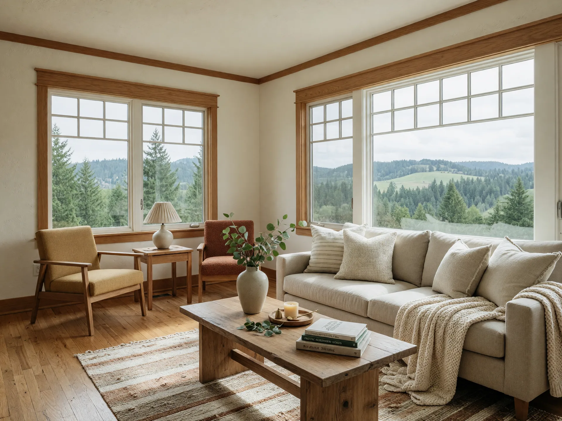 A bright, professionally staged living room in a Pacific Northwest home with natural light