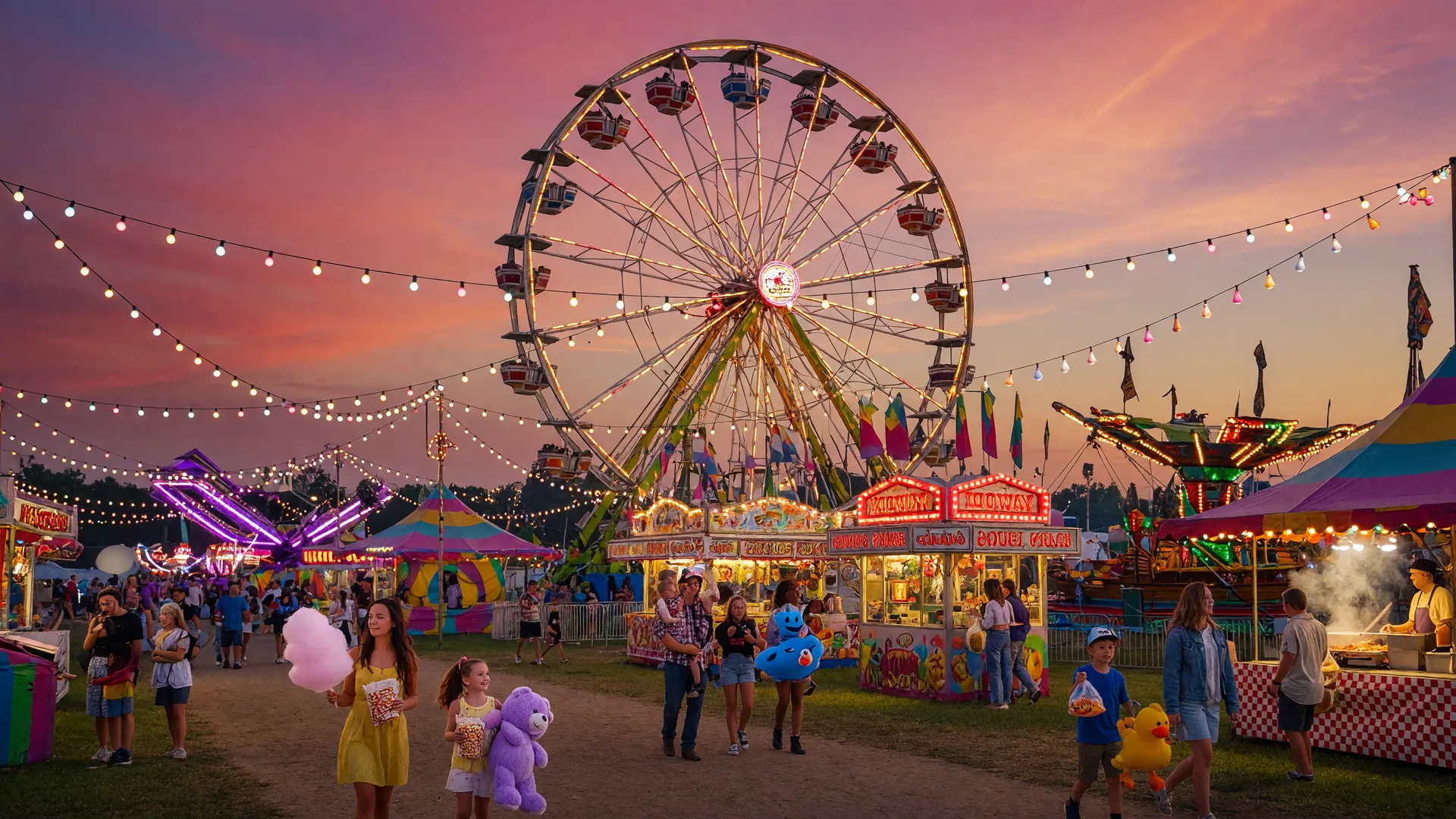 Colorful county fair midway with carnival rides illuminated against a twilight sky