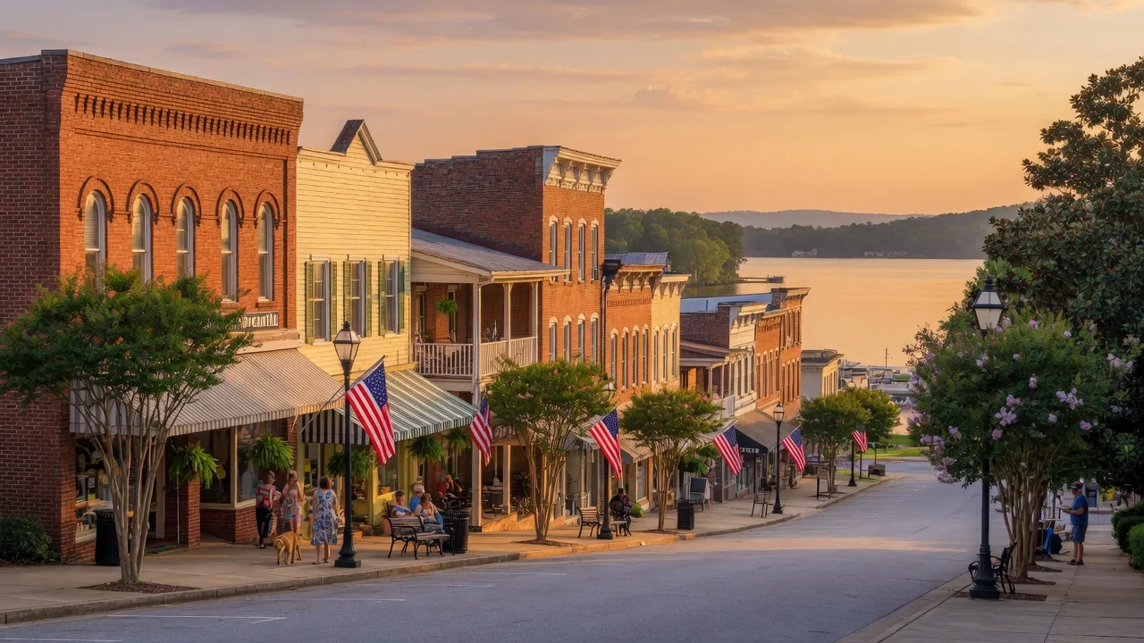 Historic downtown Acworth Georgia with 19th-century buildings and tree-lined streets near Lake Acworth