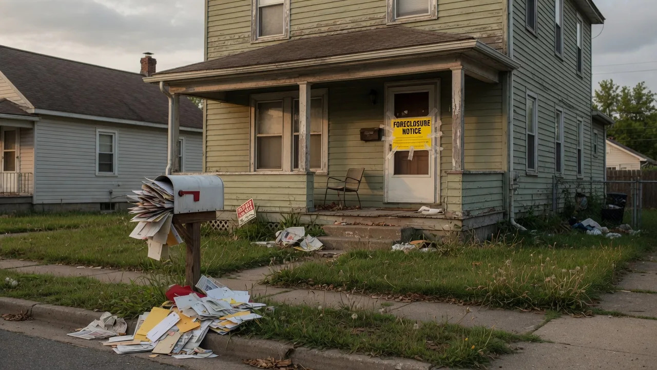A modest home with a foreclosure notice on the door and an overgrown lawn, representing a probate property facing foreclosure in Maryland