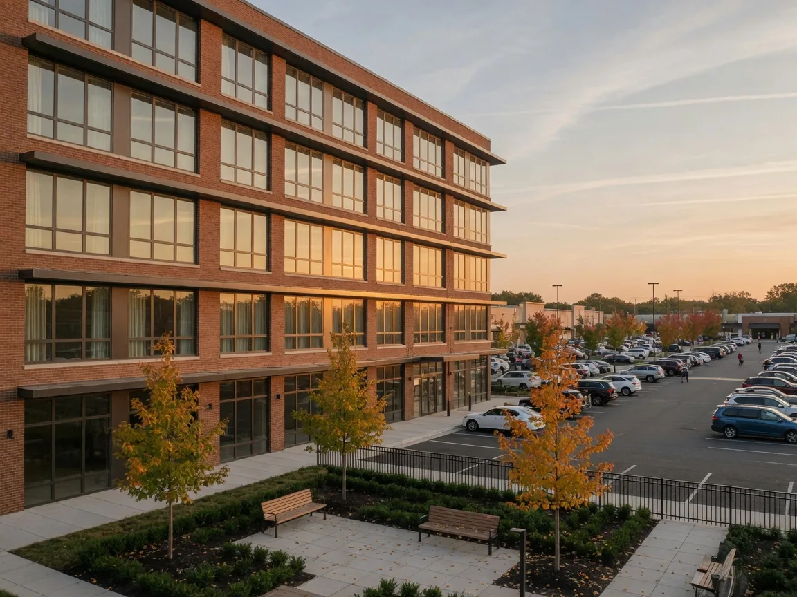 The Pearl Apartments, a new five-story brick and glass apartment building at the Moorestown Mall site