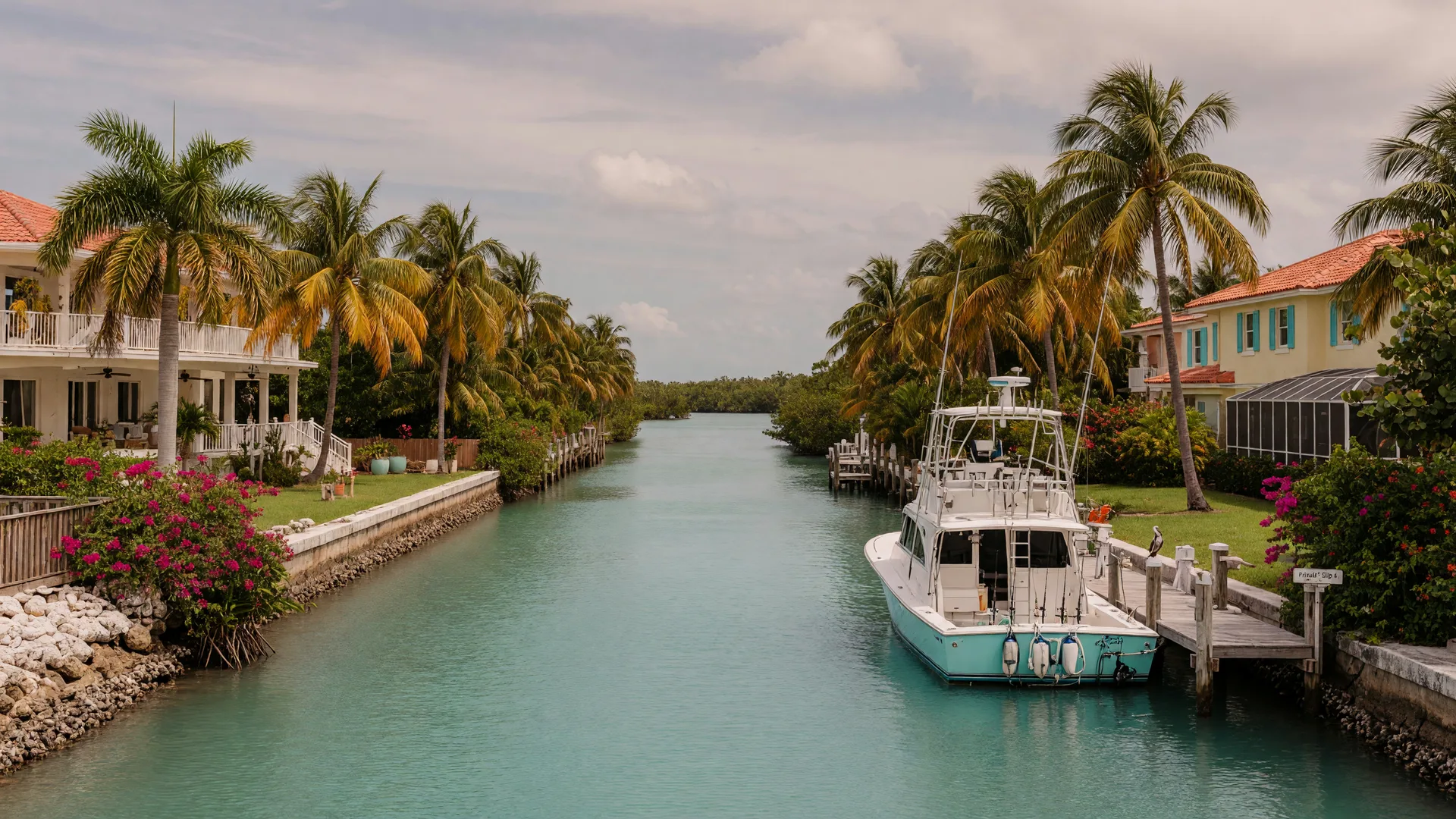 Quiet tree-lined canal in Tavernier with luxury homes and tropical landscaping