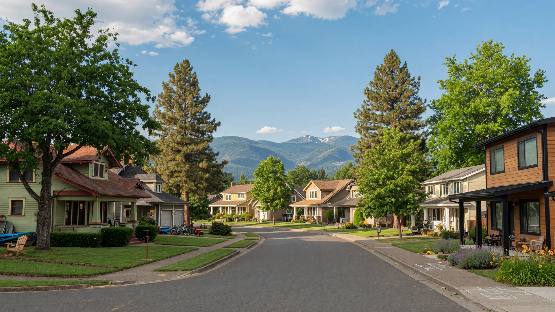 Tree-lined residential neighborhood in Southern Oregon with mountain views on a sunny summer day
