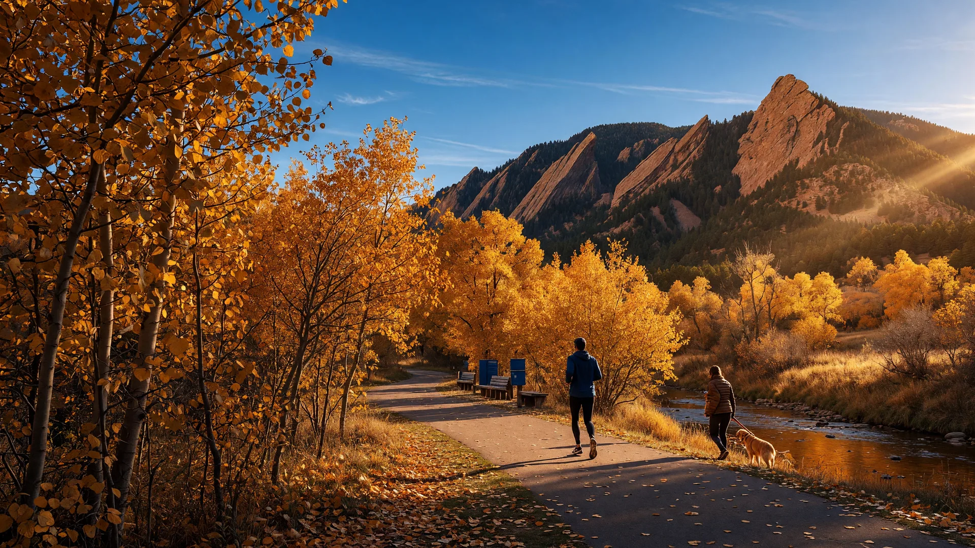 Golden aspen trees in autumn along the Boulder Creek Path with the Flatirons in Boulder Colorado
