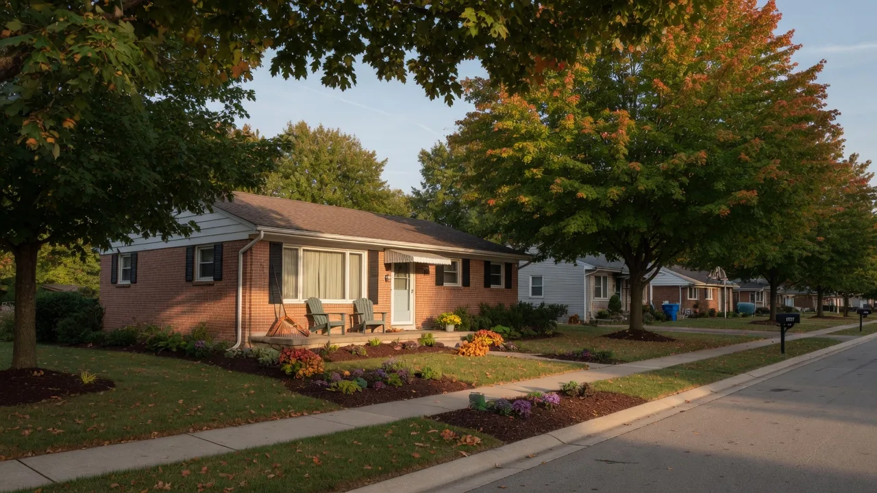 Suburban home in Northwest Indiana in early September with freshly mulched flower beds, a rake and fallen leaves near the front walk, and early fall color on the trees