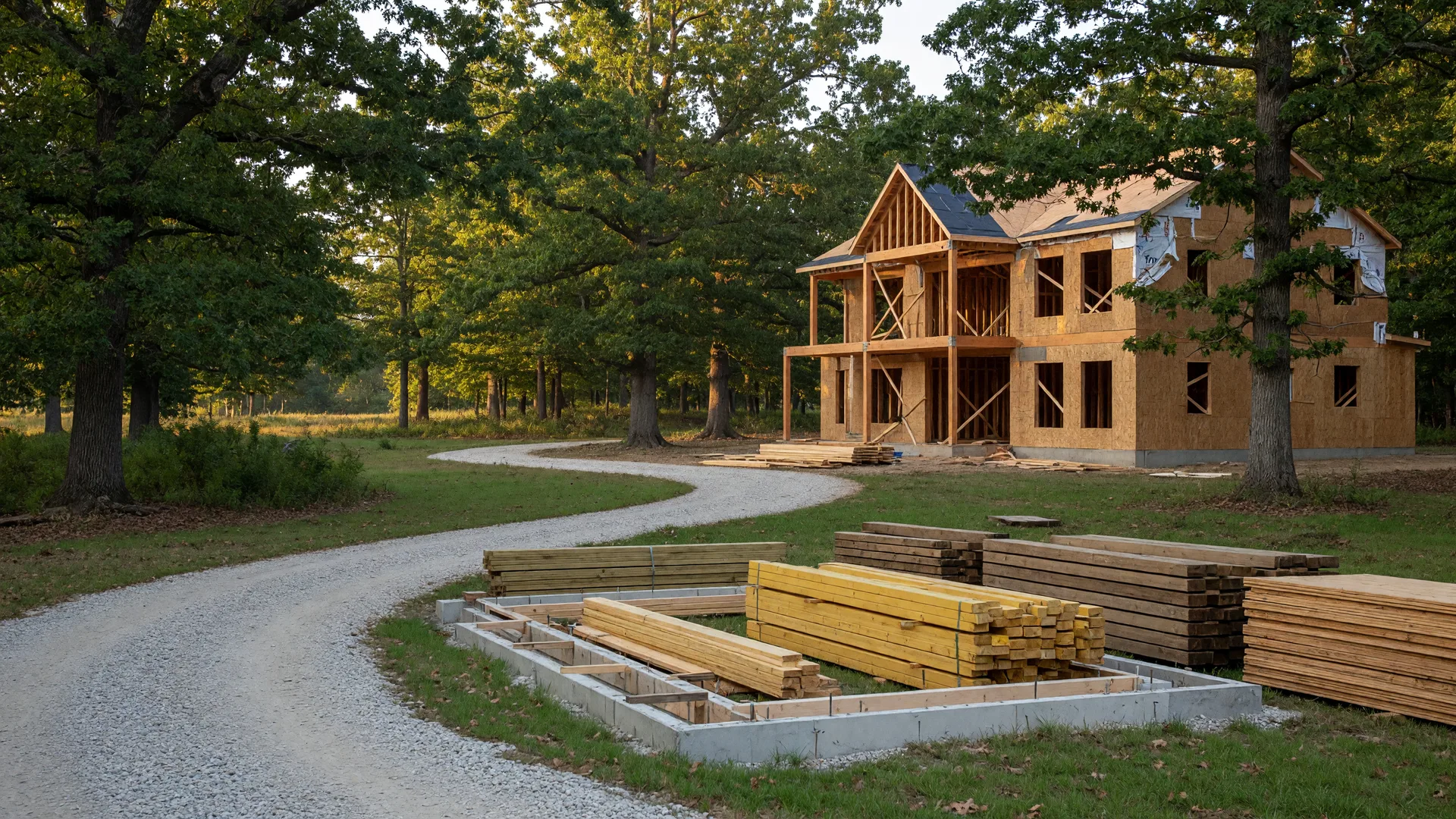 Custom home under construction on a wooded one-acre lot in Michigan with timber framing and mature trees