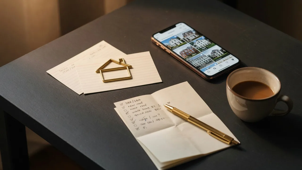 Cream index cards under a brass house paperclip, a phone with soft-focus home listings, coffee, and a gold pen on a charcoal desk, the tools of the Warm and Exploring bucket