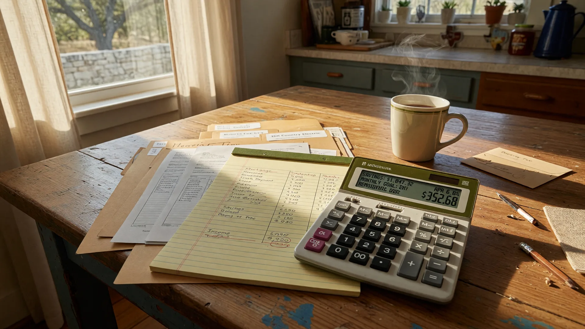 A family's monthly budget spreadsheet and calculator spread across a rustic wooden kitchen table in a Texas Hill Country home, warm morning light streaming through a window