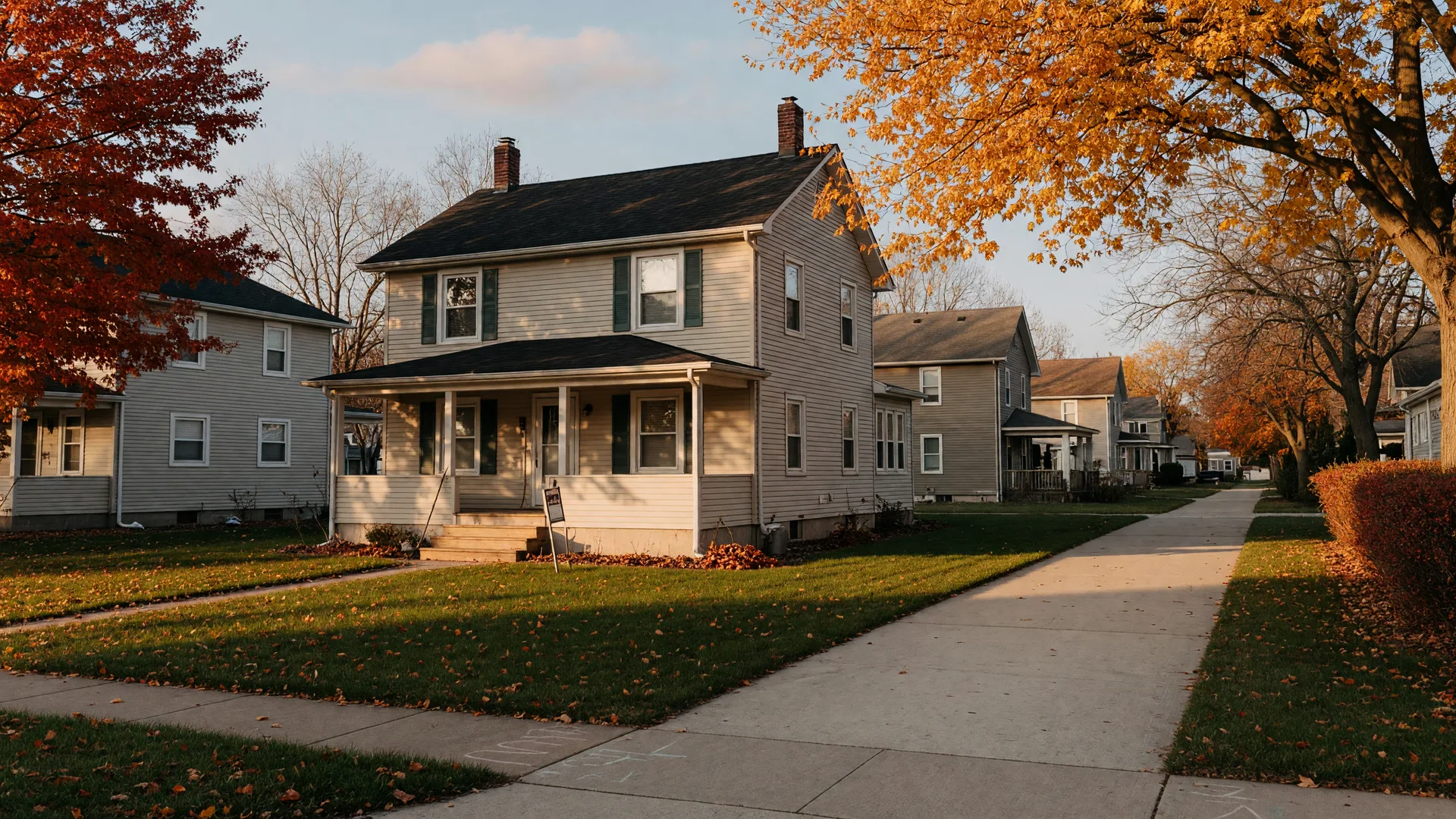 Illustrative photo of a tidy two-story home on a quiet Sioux Falls area street in late autumn light; not a specific listing
