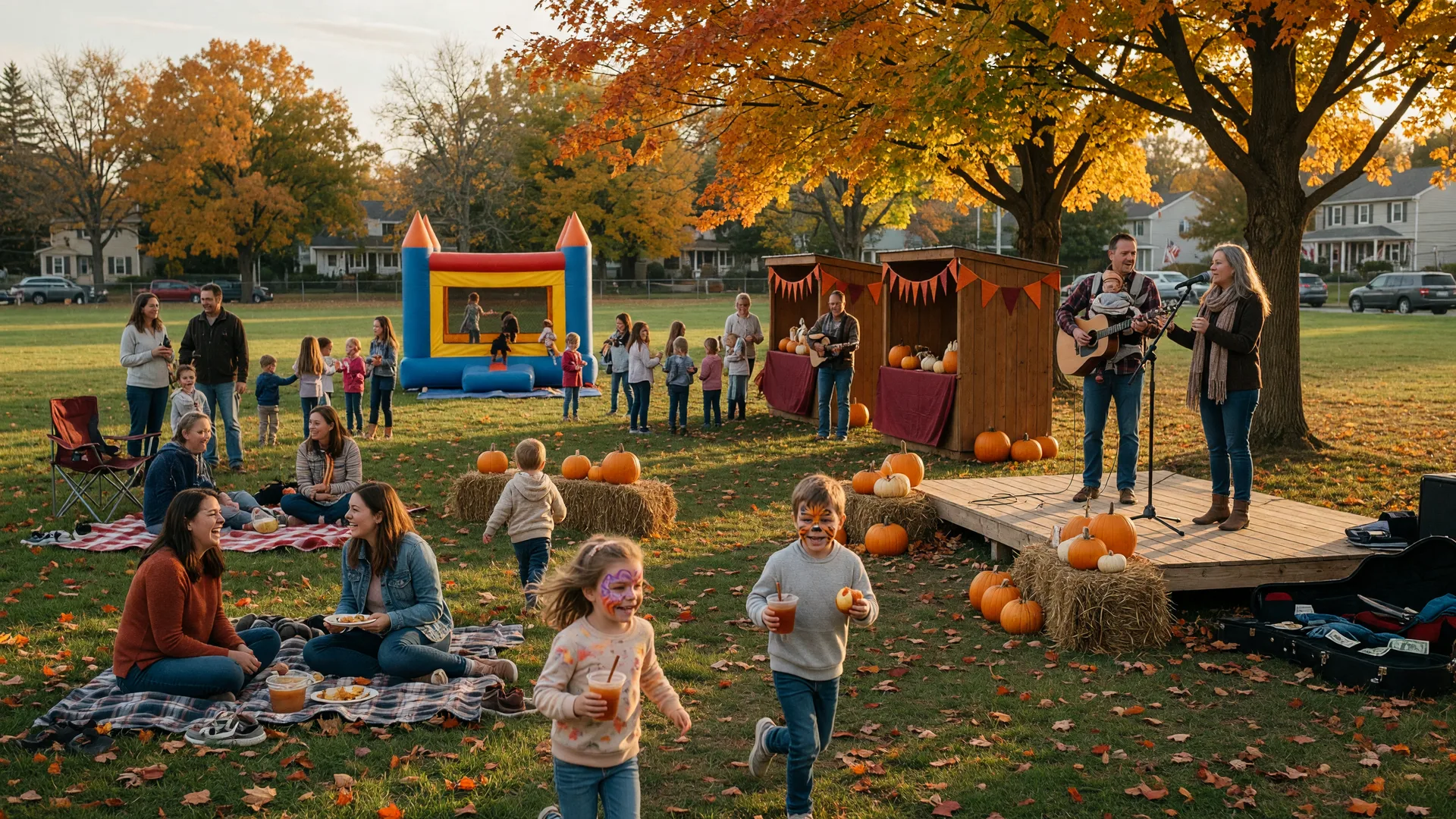 A community fall festival in a suburban park on a bright October afternoon, families on picnic blankets on the grass, a bouncy castle and game booths set up under mature trees with colorful fall leaves, golden late-afternoon light warming the scene, pumpkins and hay bales decorating the area