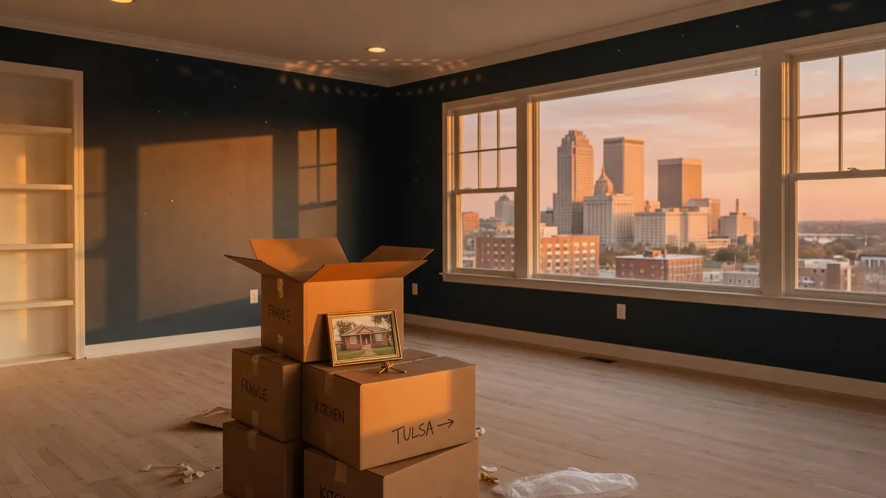 A neat stack of cardboard moving boxes in a bright Tulsa living room at golden hour, an open box holding a framed photo and a brass house key, with the Tulsa skyline visible through the windows