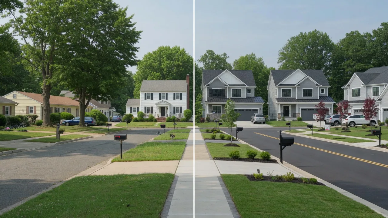 Split-screen comparison showing mid-century homes in Delran NJ and modern residential development in Mount Laurel NJ