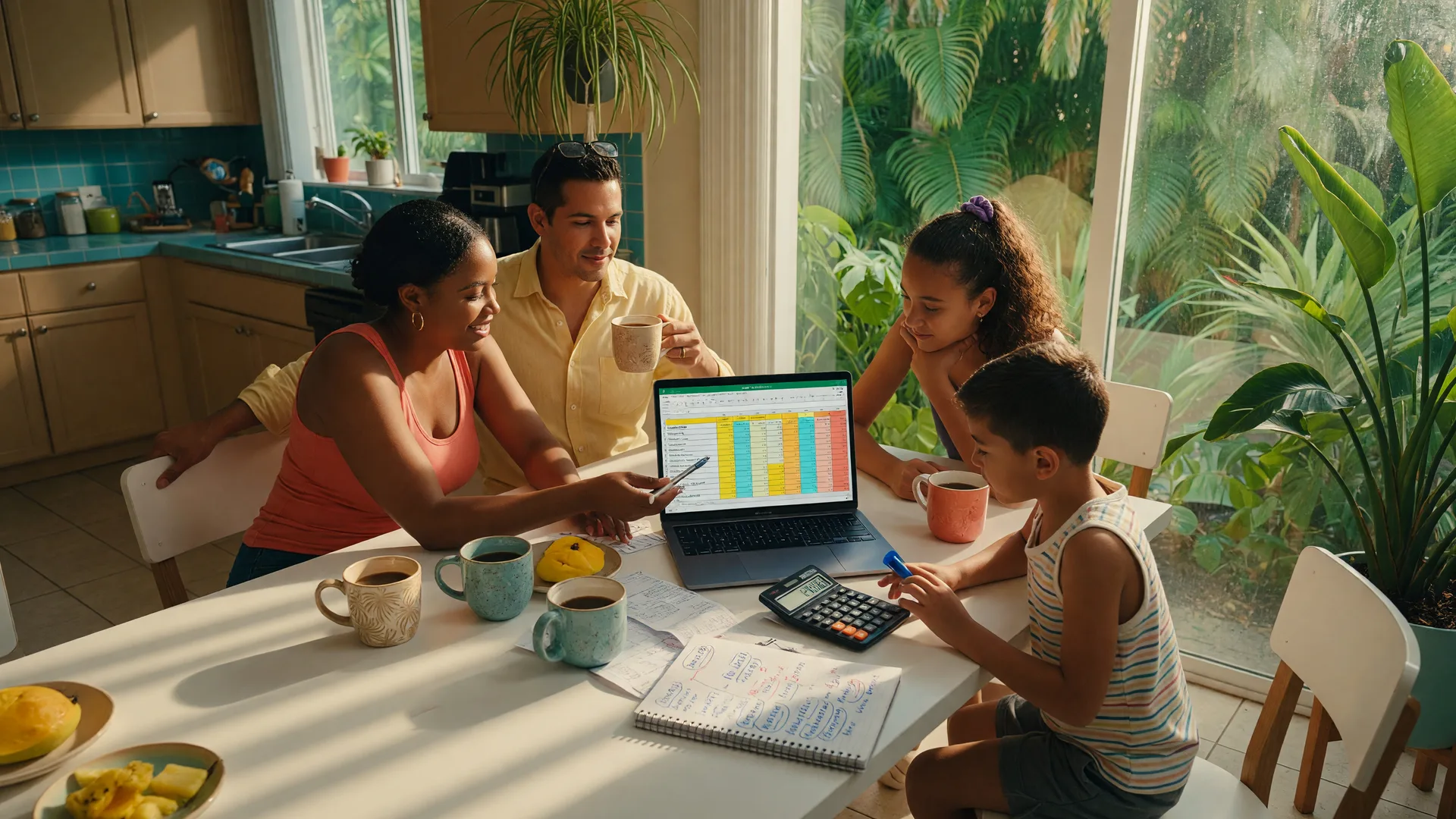 Family reviewing household finances and homeownership budget at a South Florida kitchen table with laptop and calculator