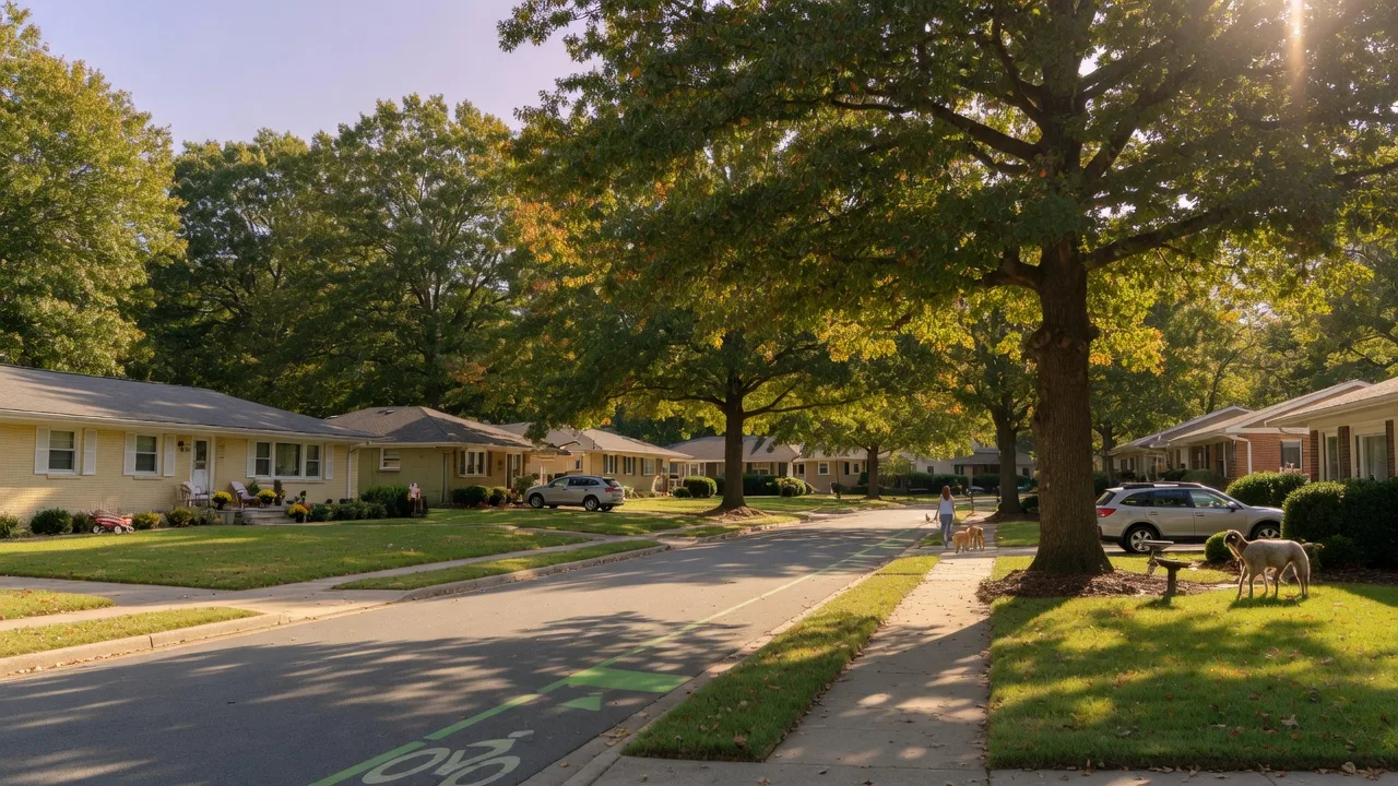 Tree-lined residential street in the Madison Park neighborhood of south Charlotte NC with mid-century ranch homes and a bright late-summer sky