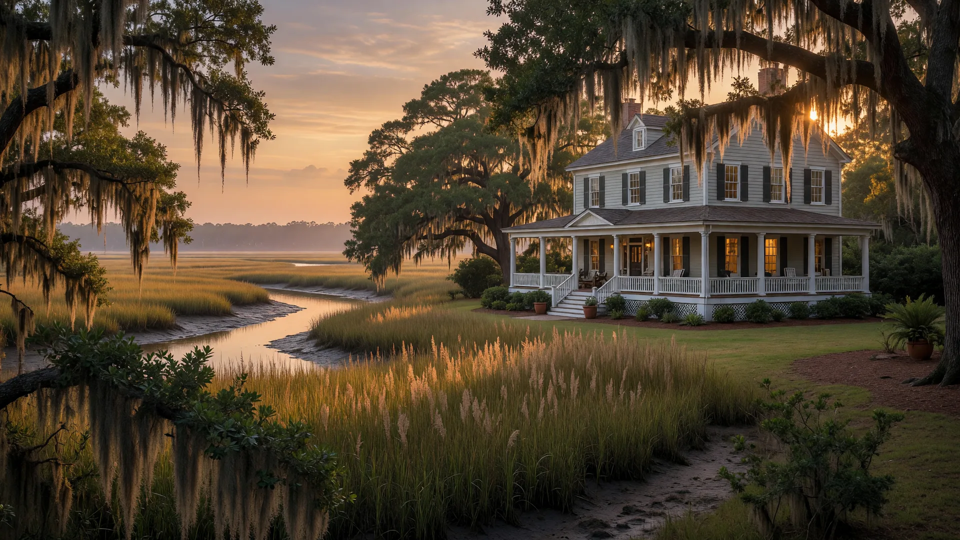 Lowcountry coastal estate at golden hour with live oaks and marsh grasses