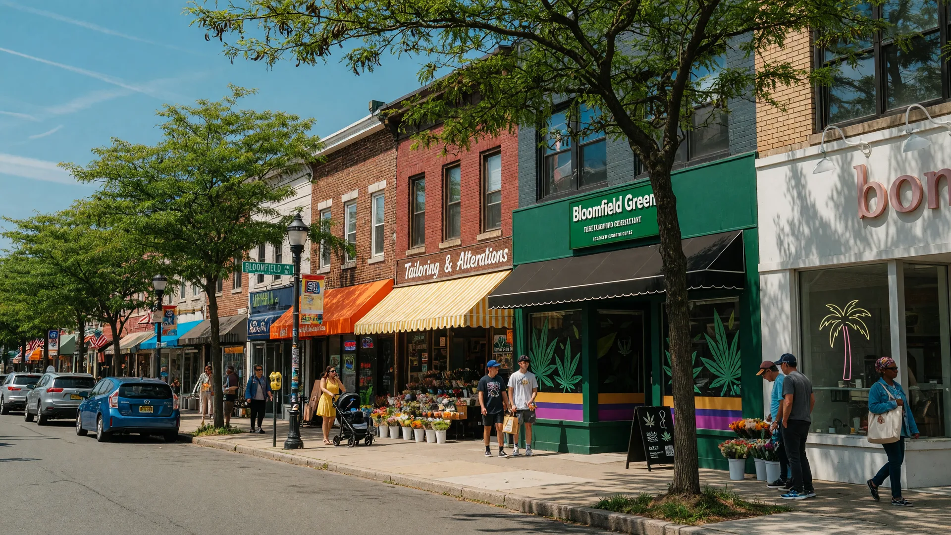 A tree-lined commercial street in Bloomfield New Jersey with a cannabis dispensary among other local businesses on a sunny summer afternoon