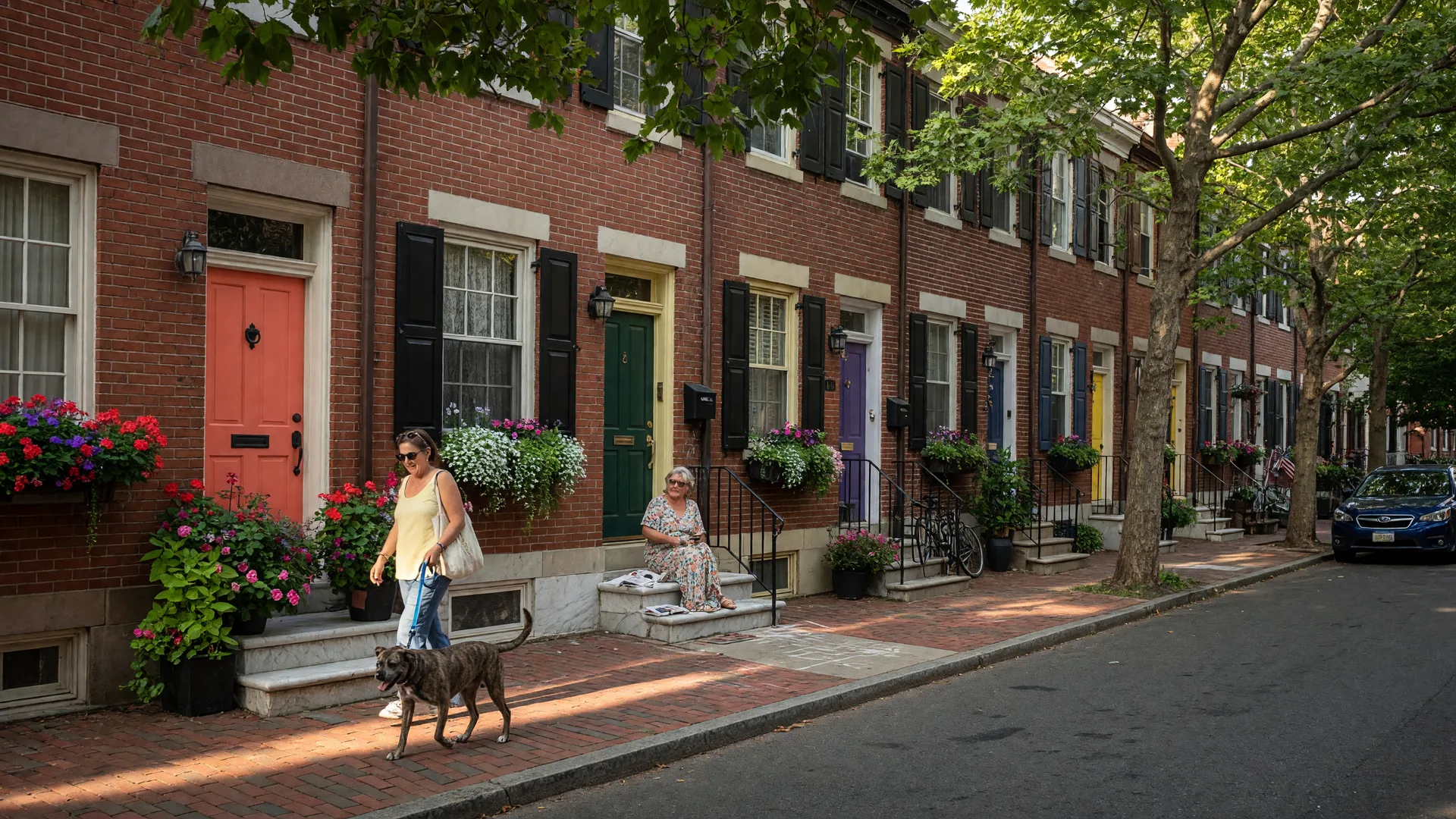 Daily life scene in Queen Village, Philadelphia with residents on a tree-lined street of historic rowhomes