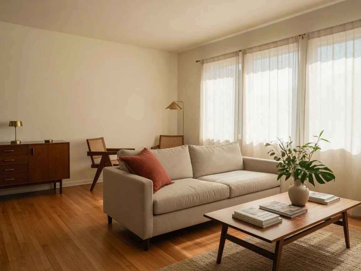 A bright, staged living room ready for buyers with warm oak floors and soft morning light
