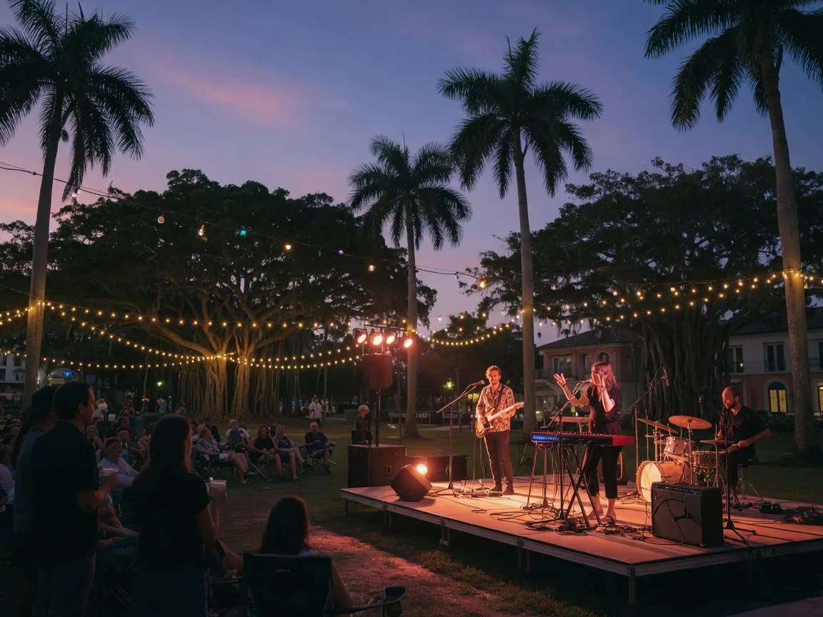 Live outdoor band performance at dusk in a palm-lined Naples plaza with warm stage lights