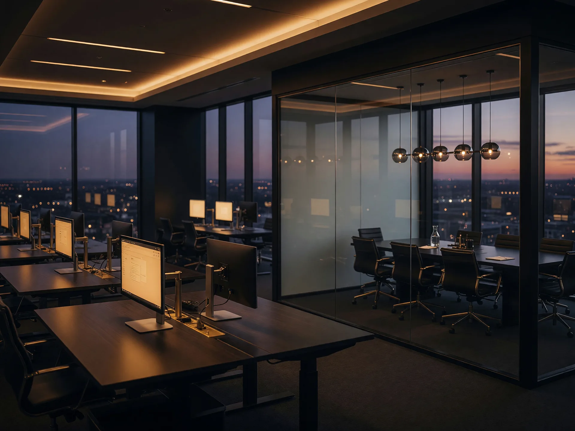 A modern team office glowing with warm light at dusk, representing the community agents look for when they switch brokerages
