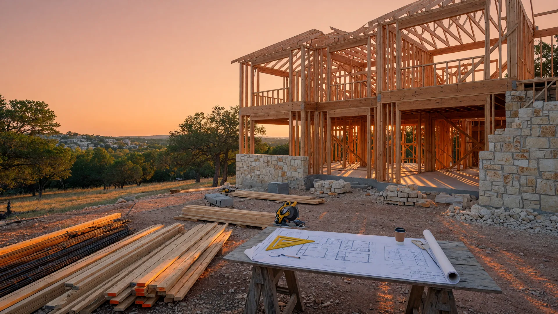 A timber-frame custom home rising on a Hill Country homesite at golden hour, plans on a sawhorse table