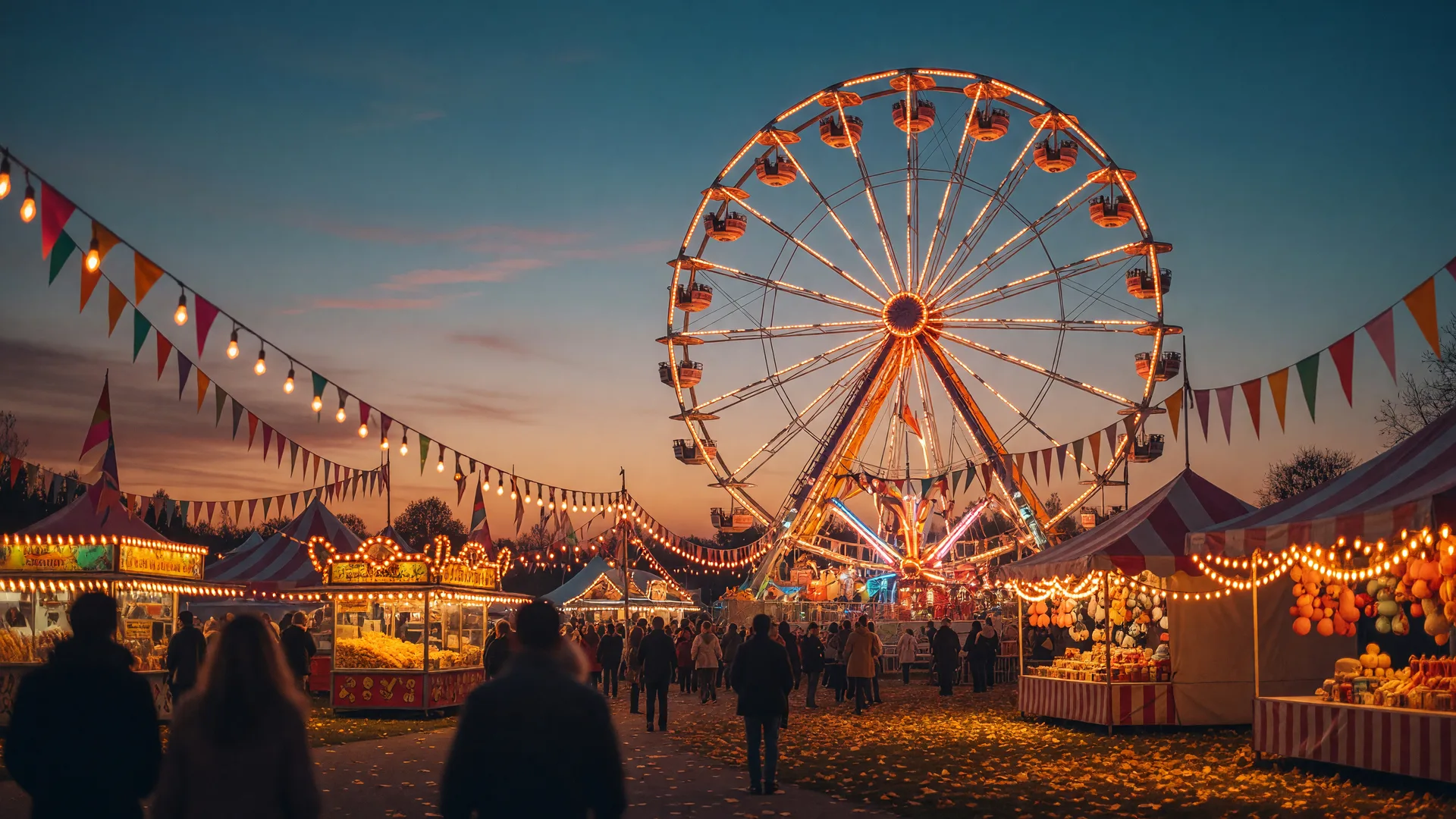 A town carnival at dusk with a glowing ferris wheel against a deep blue-and-orange twilight sky, lit rides, game booths, string lights, and golden leaves