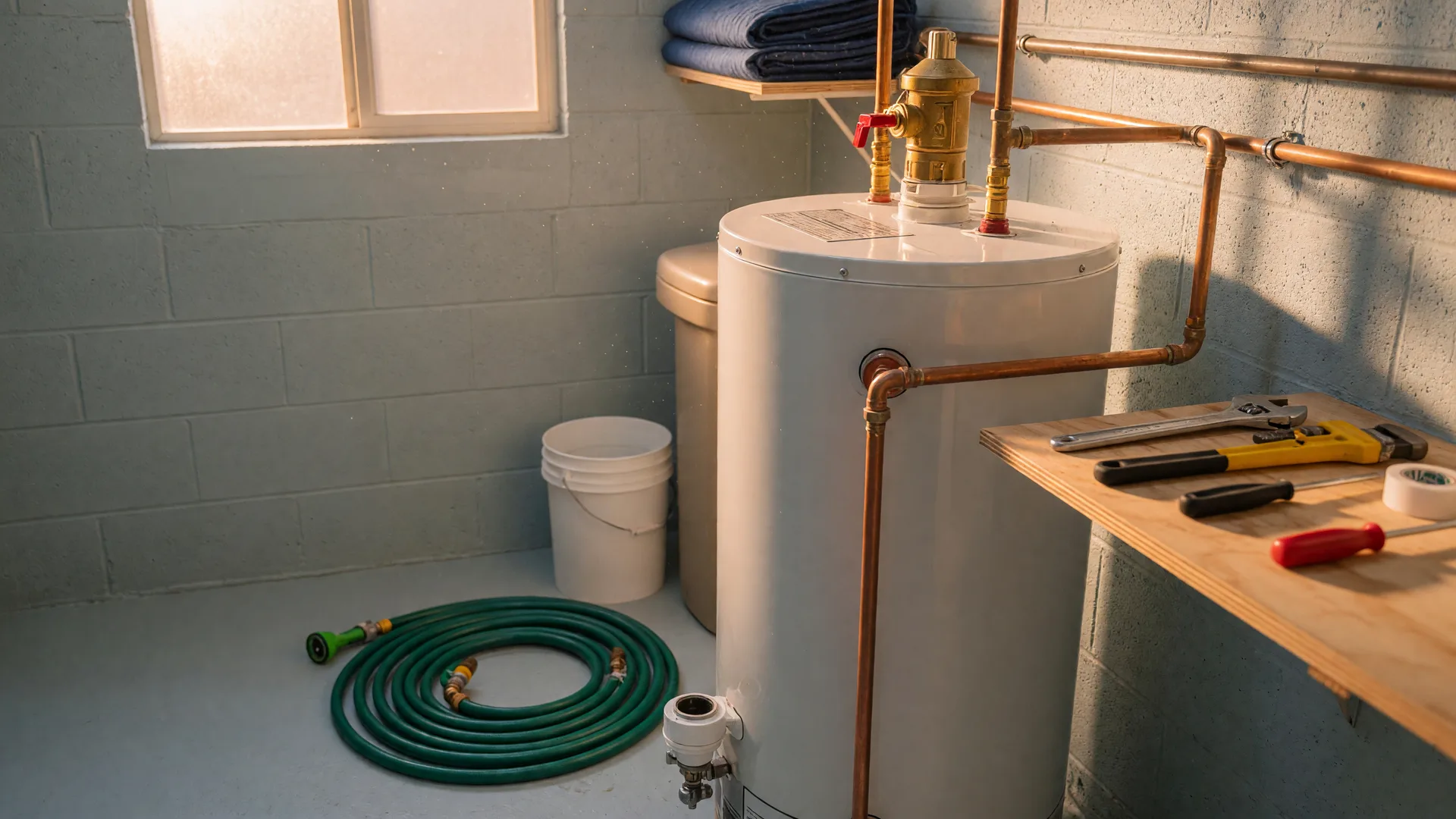 A clean tank water heater with copper supply lines in a tidy utility room, ready for fall maintenance