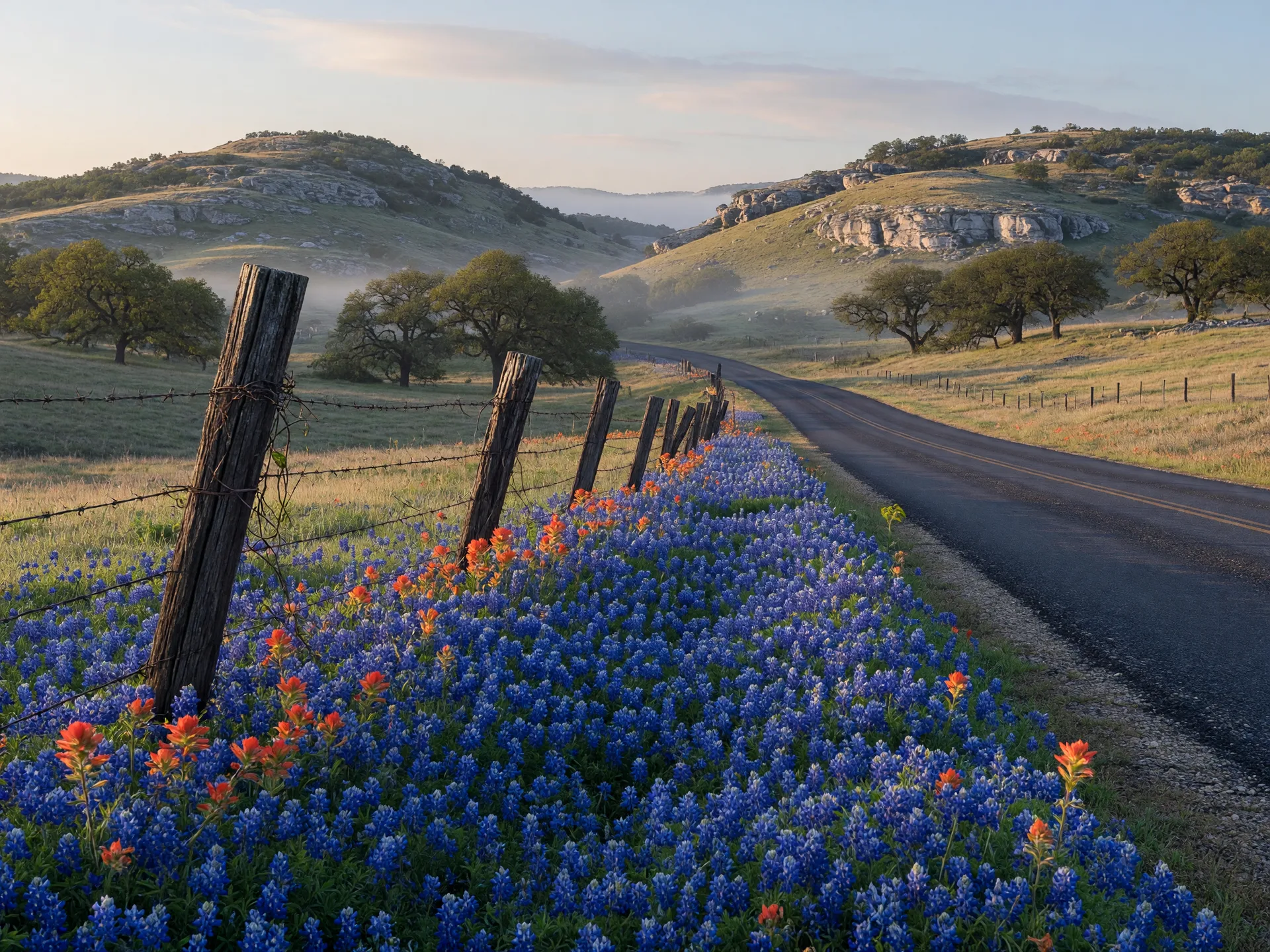 Texas bluebonnets and Indian paintbrush wildflowers along a two-lane Hill Country road near Boerne in early April, with a rustic fence line, limestone hills, and live oaks behind