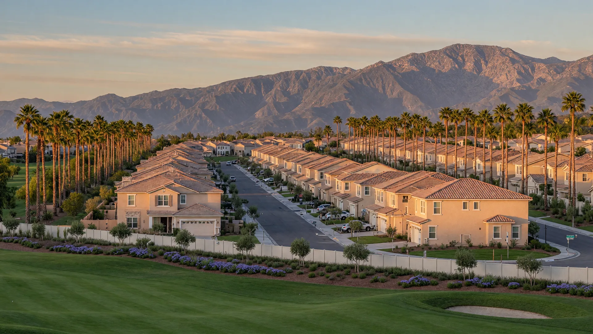 Master-planned Fontana neighborhood near Sierra Lakes with modern stucco homes, palm-lined streets, and the San Gabriel Mountains in the distance