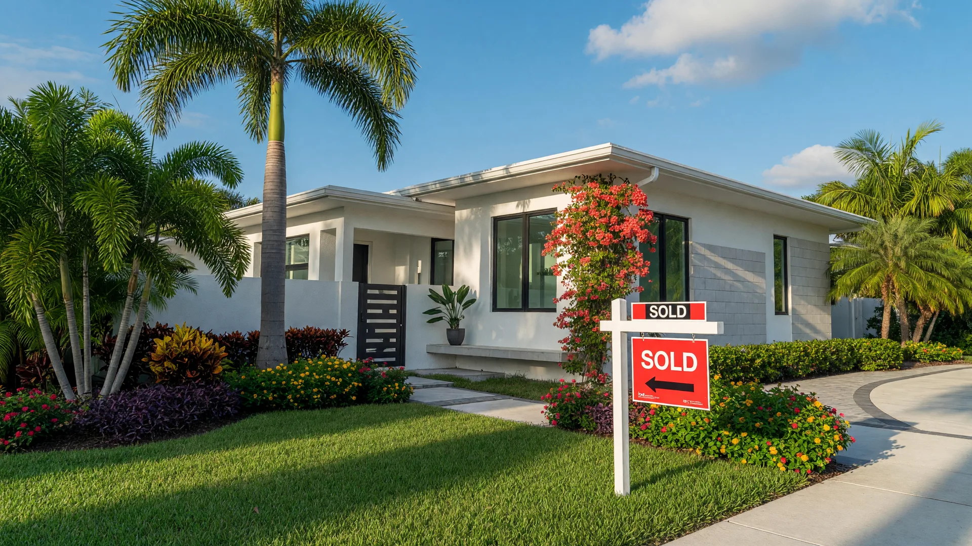 Modern Florida home with a Sold sign in the front yard on a sunny day with palm trees