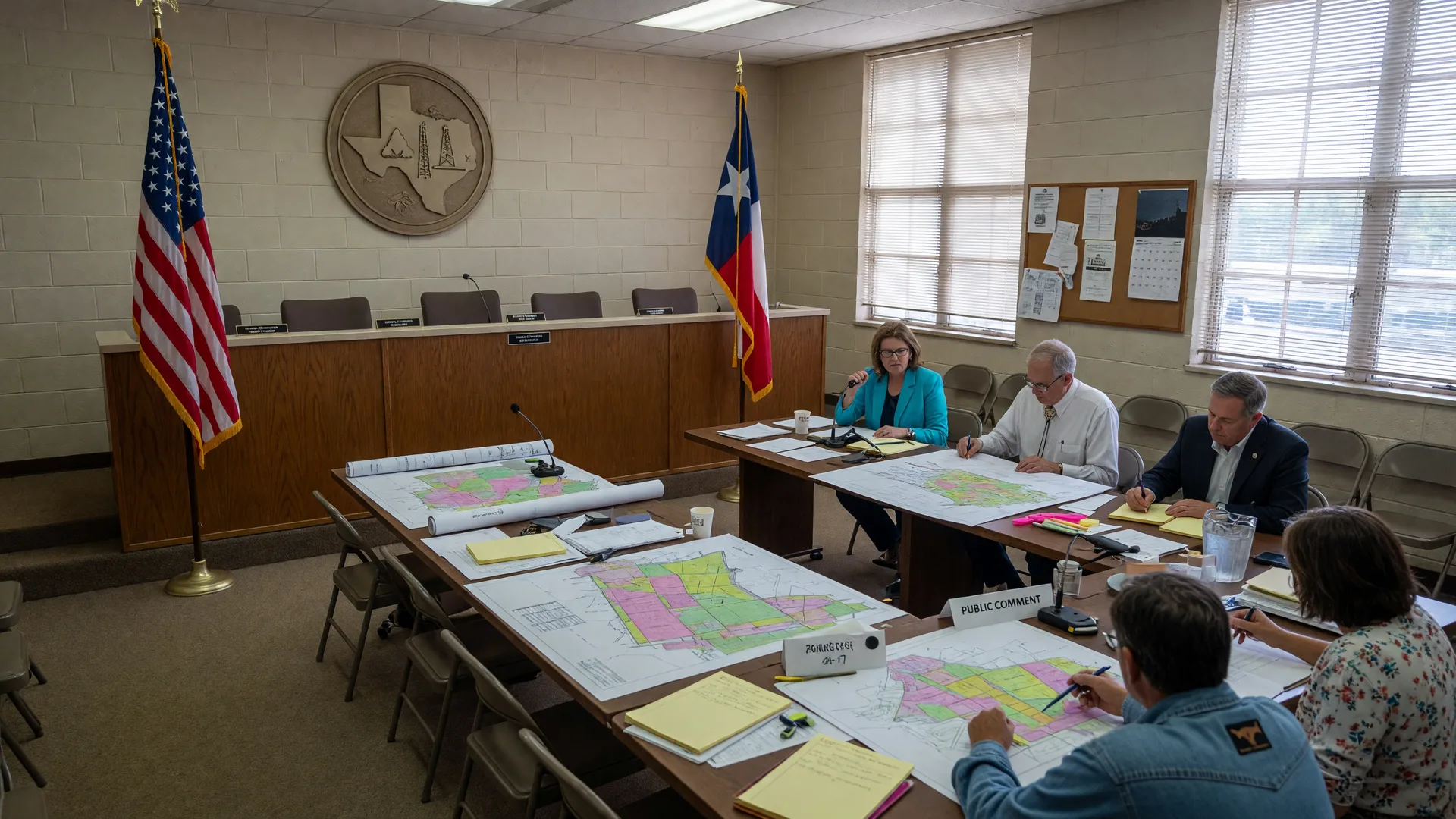 The Paris City Council chamber with an American flag and Texas flag flanking the dais during a zoning and planning meeting