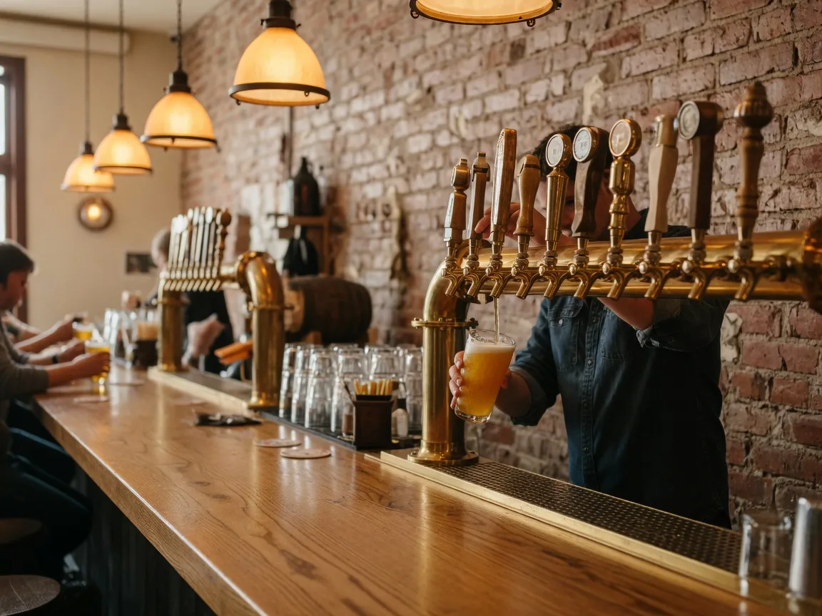 Bartender pouring a golden pint at a craft brewery bar lined with tap handles