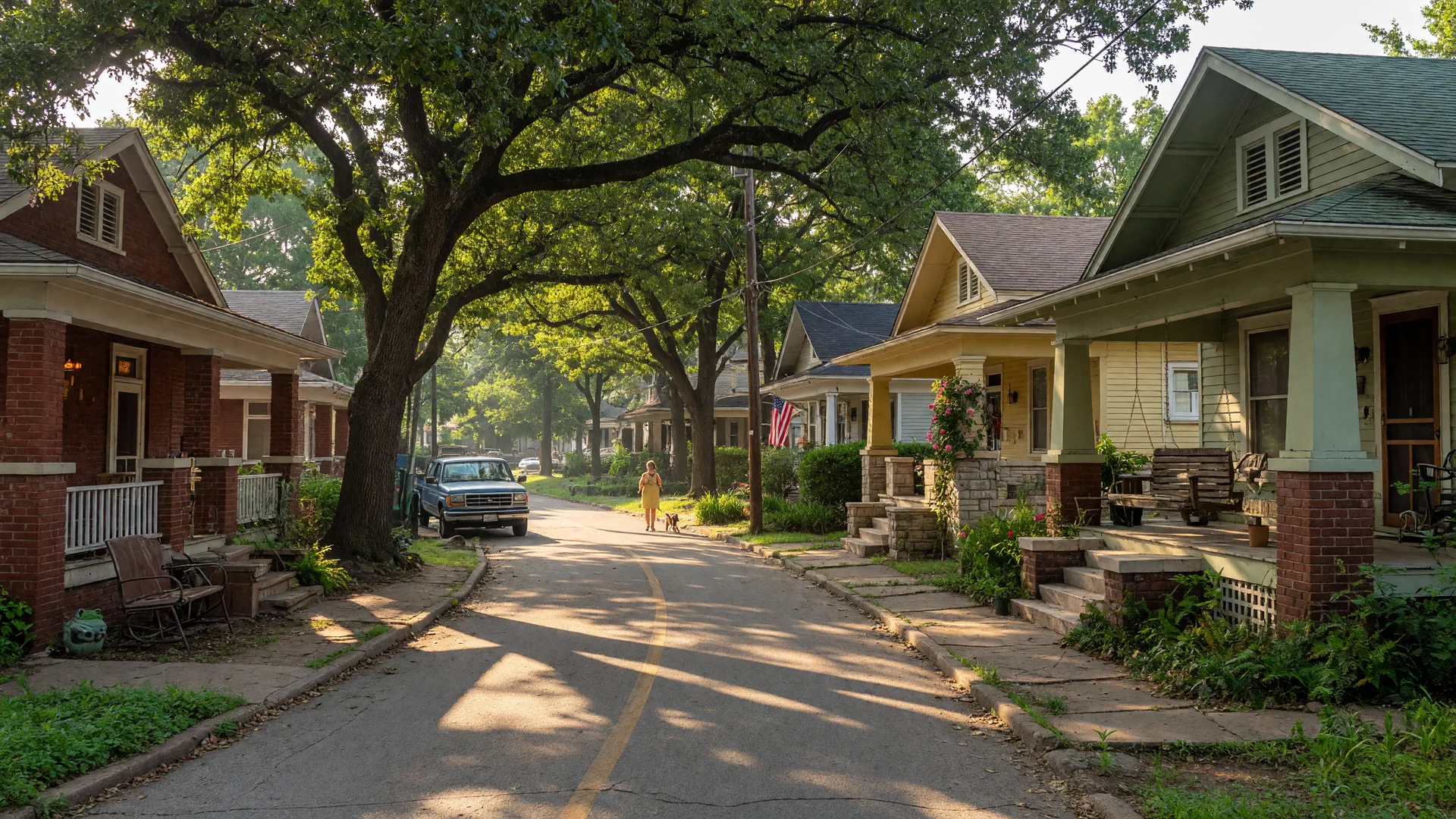 Quiet residential street in North Oak Cliff, Dallas lined with mature live oaks and early 20th-century bungalows