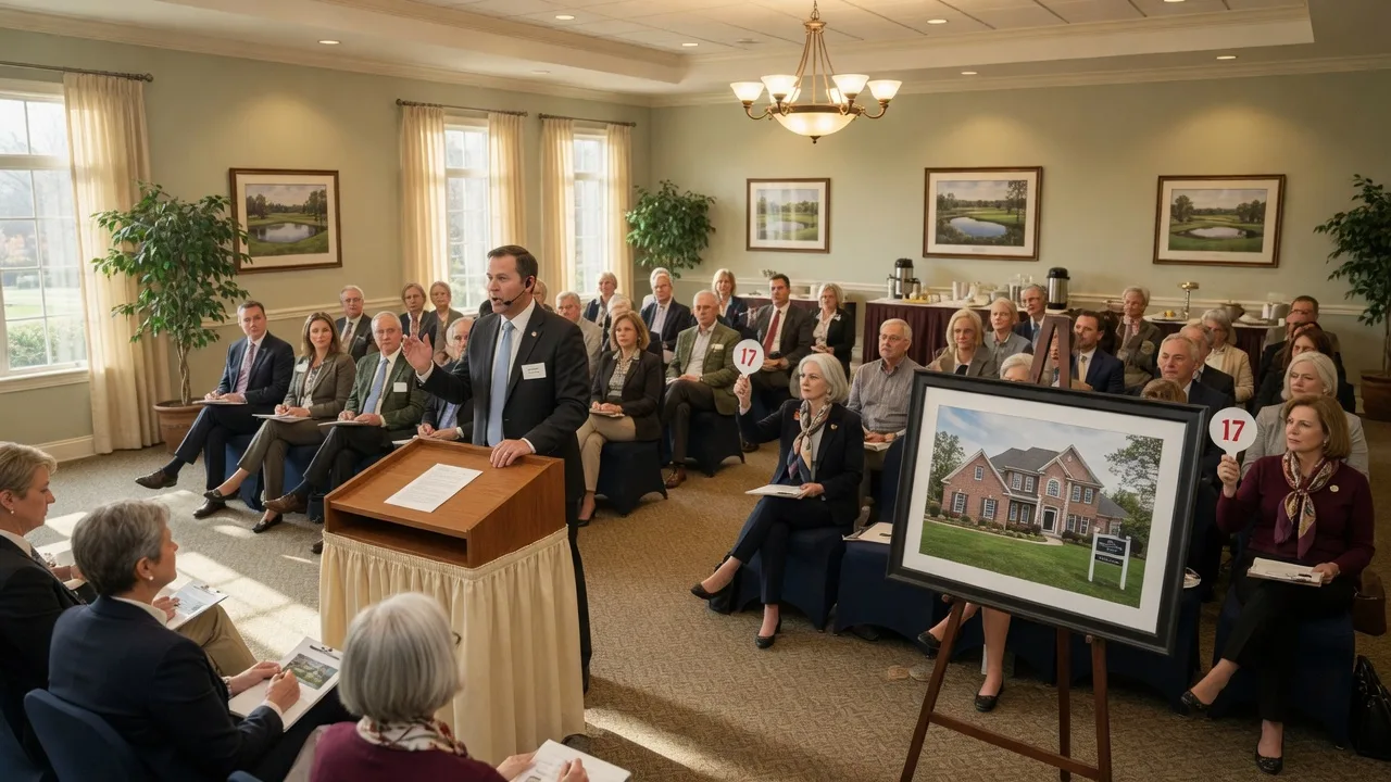 Real estate auction event in a Westlake community center with auctioneer at podium and attentive bidders in the room