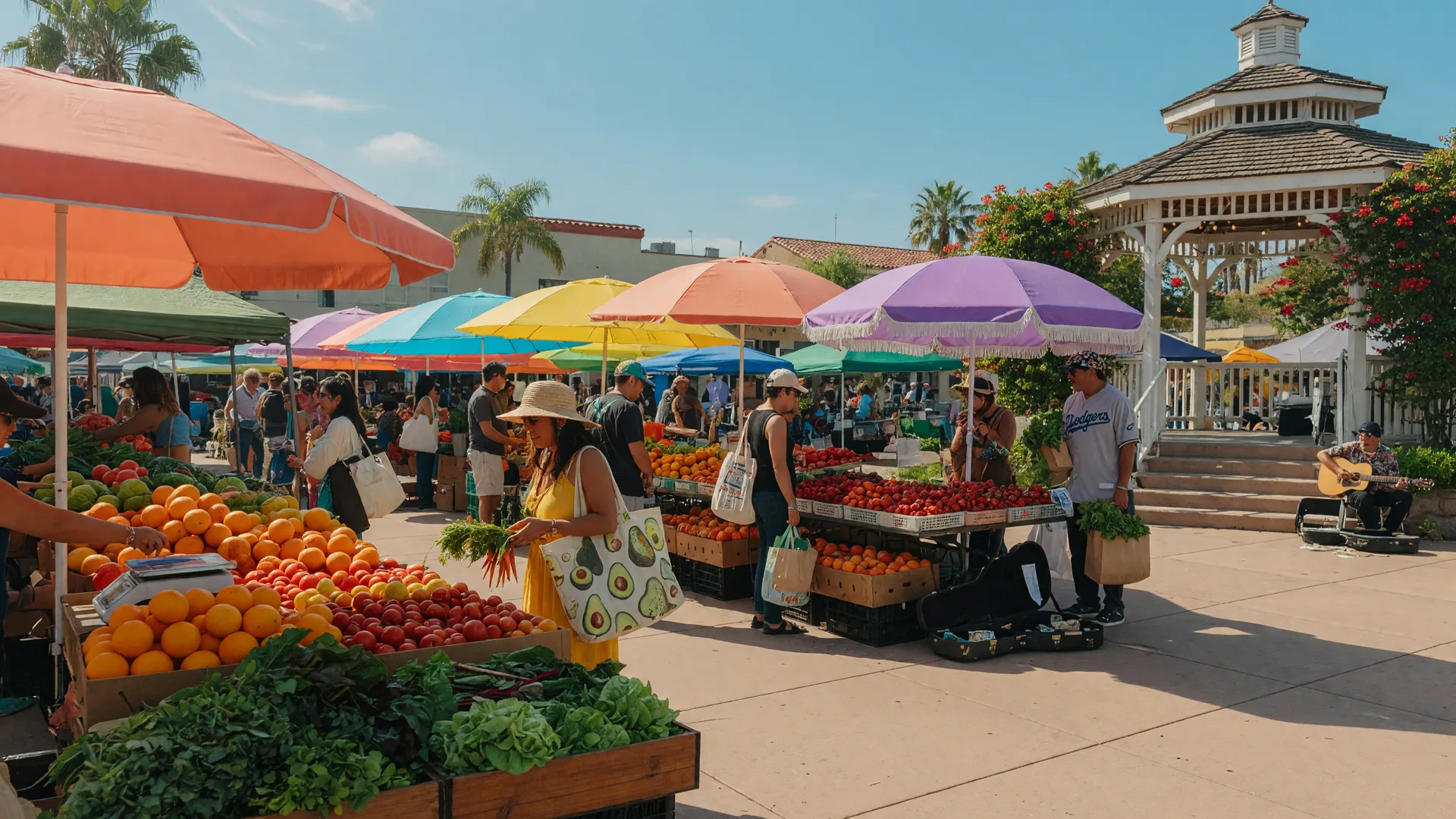 Vibrant farmers market in a Southern California town square with colorful produce tents and shoppers on a sunny morning
