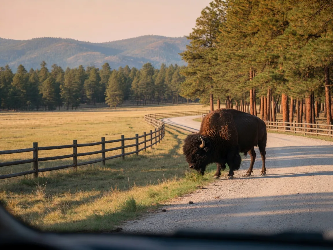 American bison grazing in a fenced meadow at a drive-through wildlife park near Williams