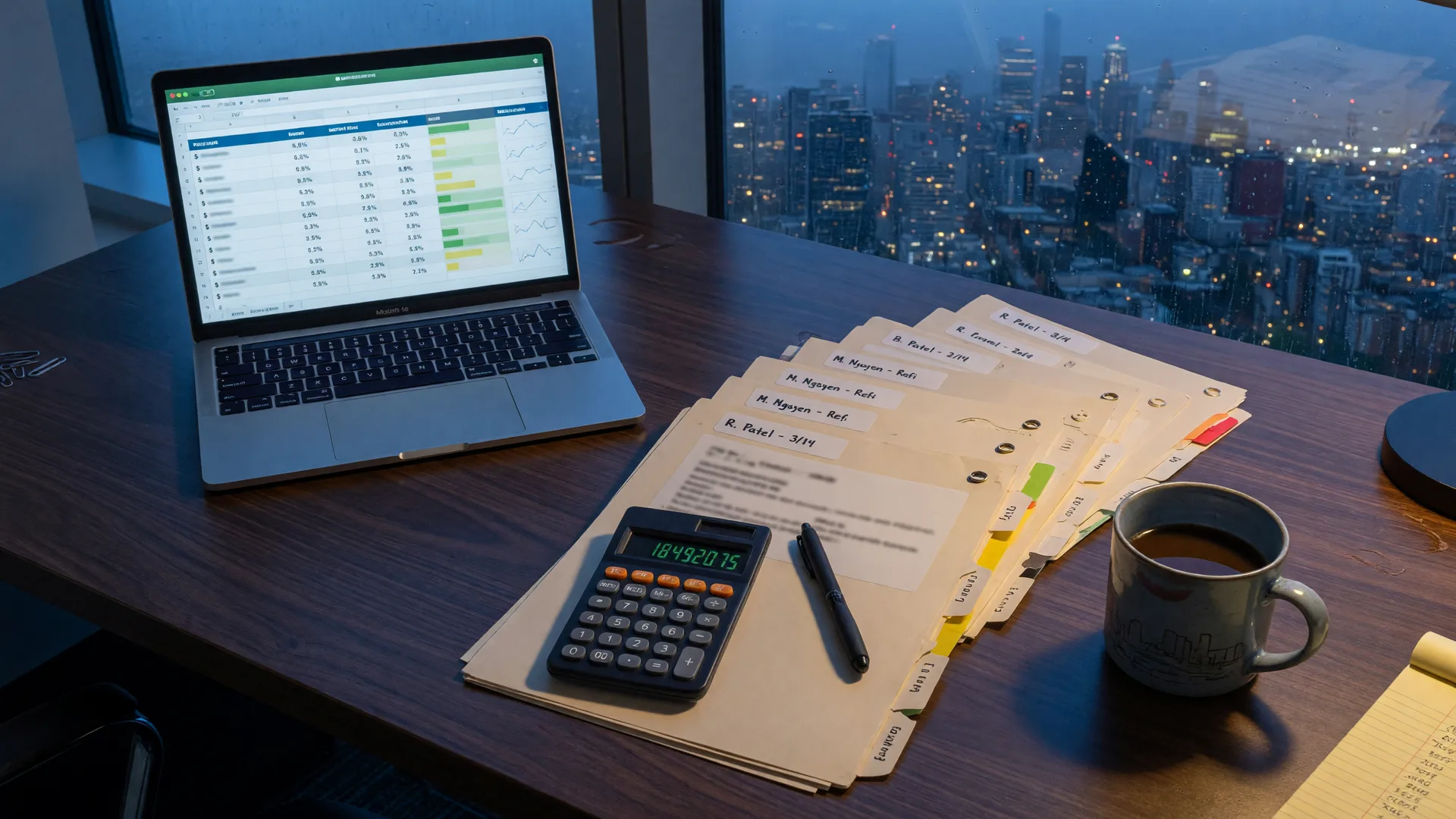 Overhead view of a mortgage broker's desk at dusk, loan files fanned out beside an open laptop