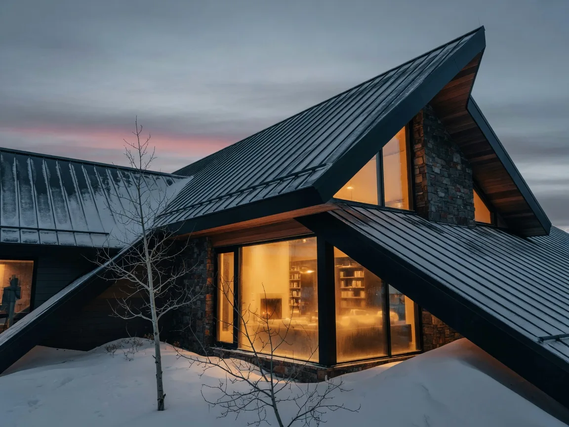 A modern mountain home with a sharp black roofline and warm glowing windows at dawn in the snow