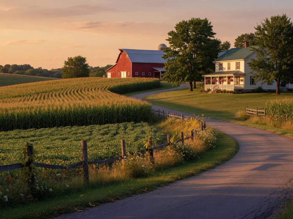 Rolling Wayne County farmland with a red barn, white farmhouse, and late summer crops under golden-hour light