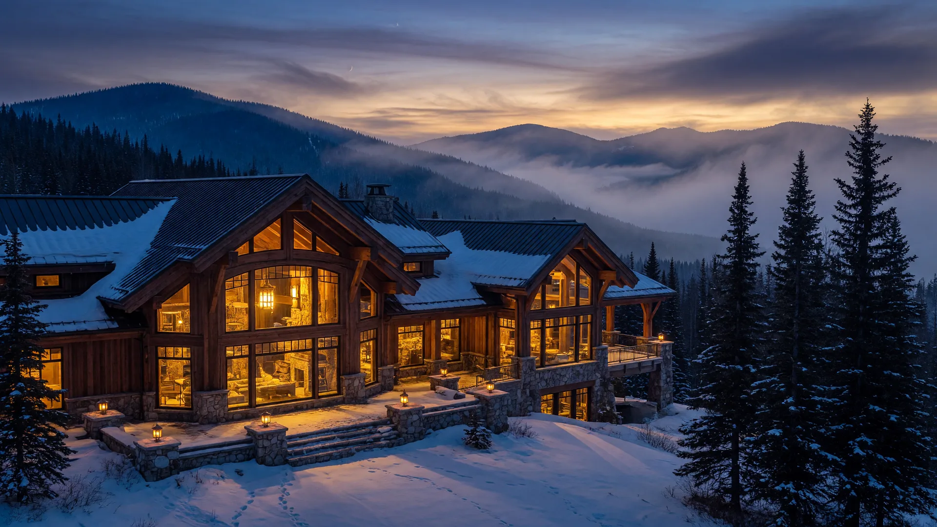 A timber-and-stone lodge glowing at dusk among pines in the Sierra foothills