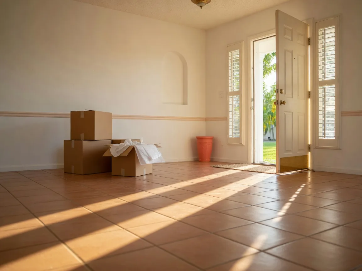 Moving boxes stacked in a bright Florida entry hall with sunlight on the tile floor