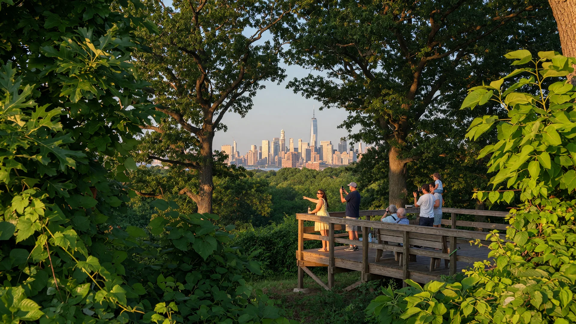 Eagle Rock Reservation in West Orange NJ with Manhattan skyline through oak trees from a wooden observation deck under warm golden-hour light