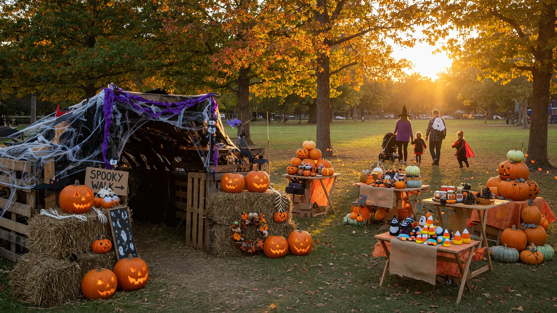 A hay-bale haunted walk entrance, stacked pumpkins, and a seasonal craft market at a park Halloween festival