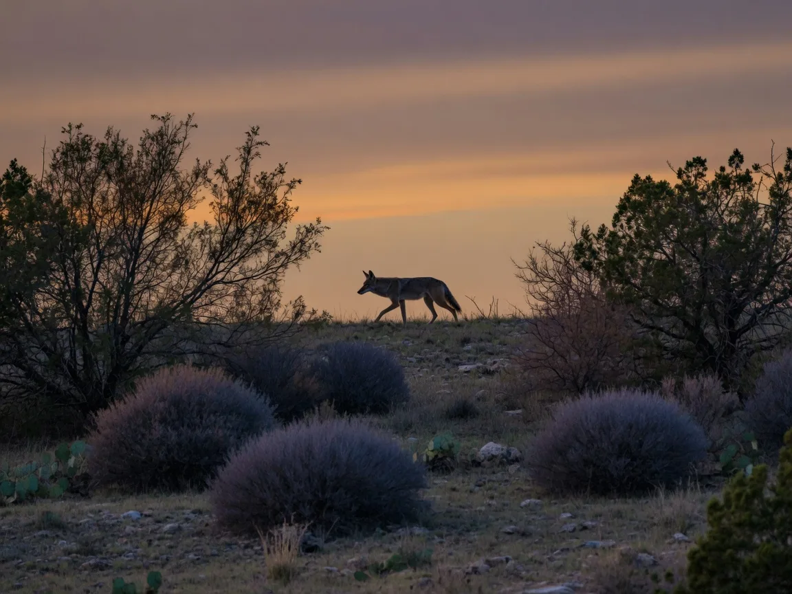 A lone coyote walking across a scrubby Texas Hill Country pasture silhouetted against an amber and purple twilight sky