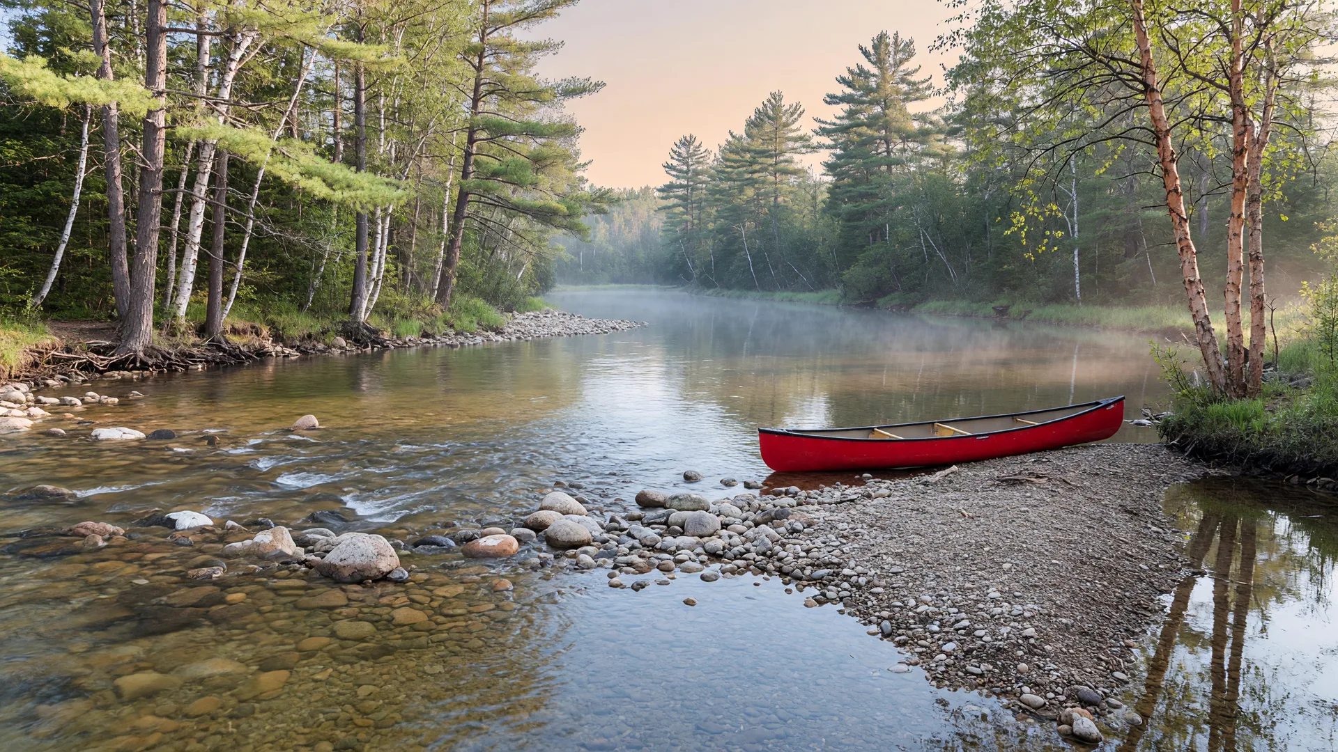 Clear canoe river near Pine River, Minnesota in morning light