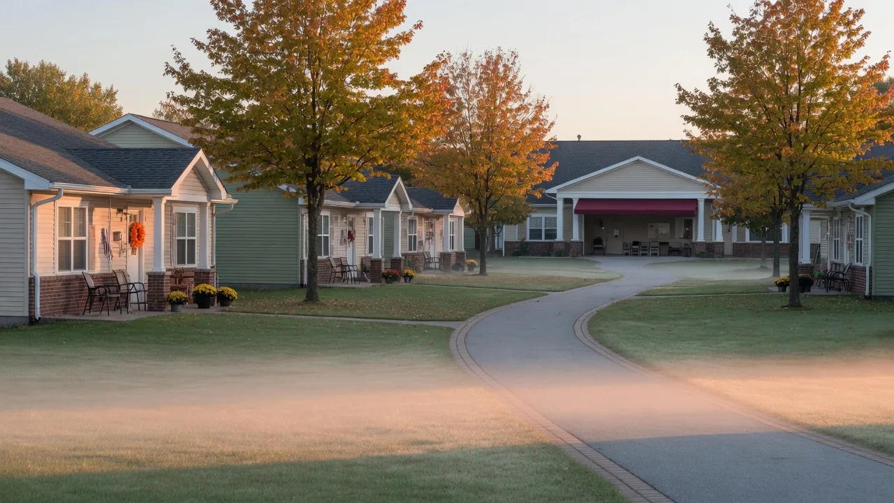 A welcoming 55+ active adult community in Northwest Indiana on an early October morning with ranch villas, a paved walking path, and maples in gold and orange