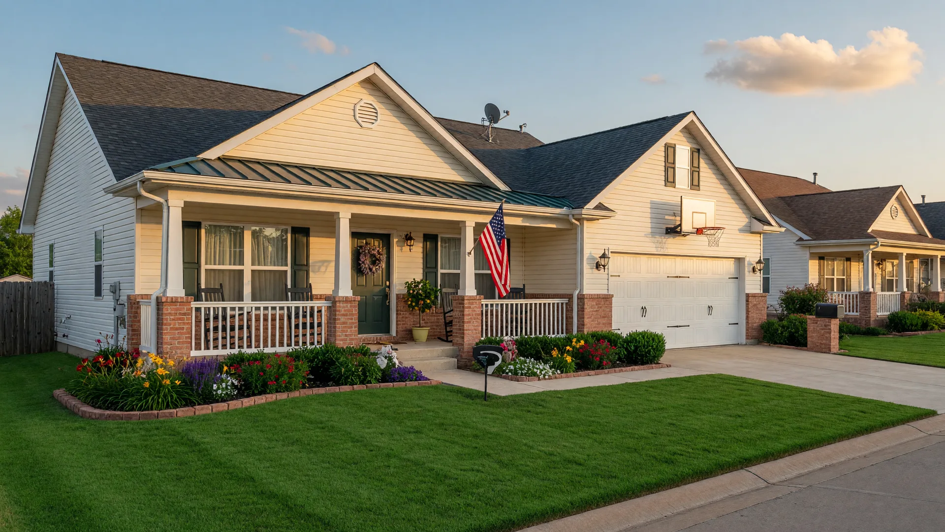 Charming well-kept Oklahoma suburban home with a covered front porch and two-car garage on a sunny day