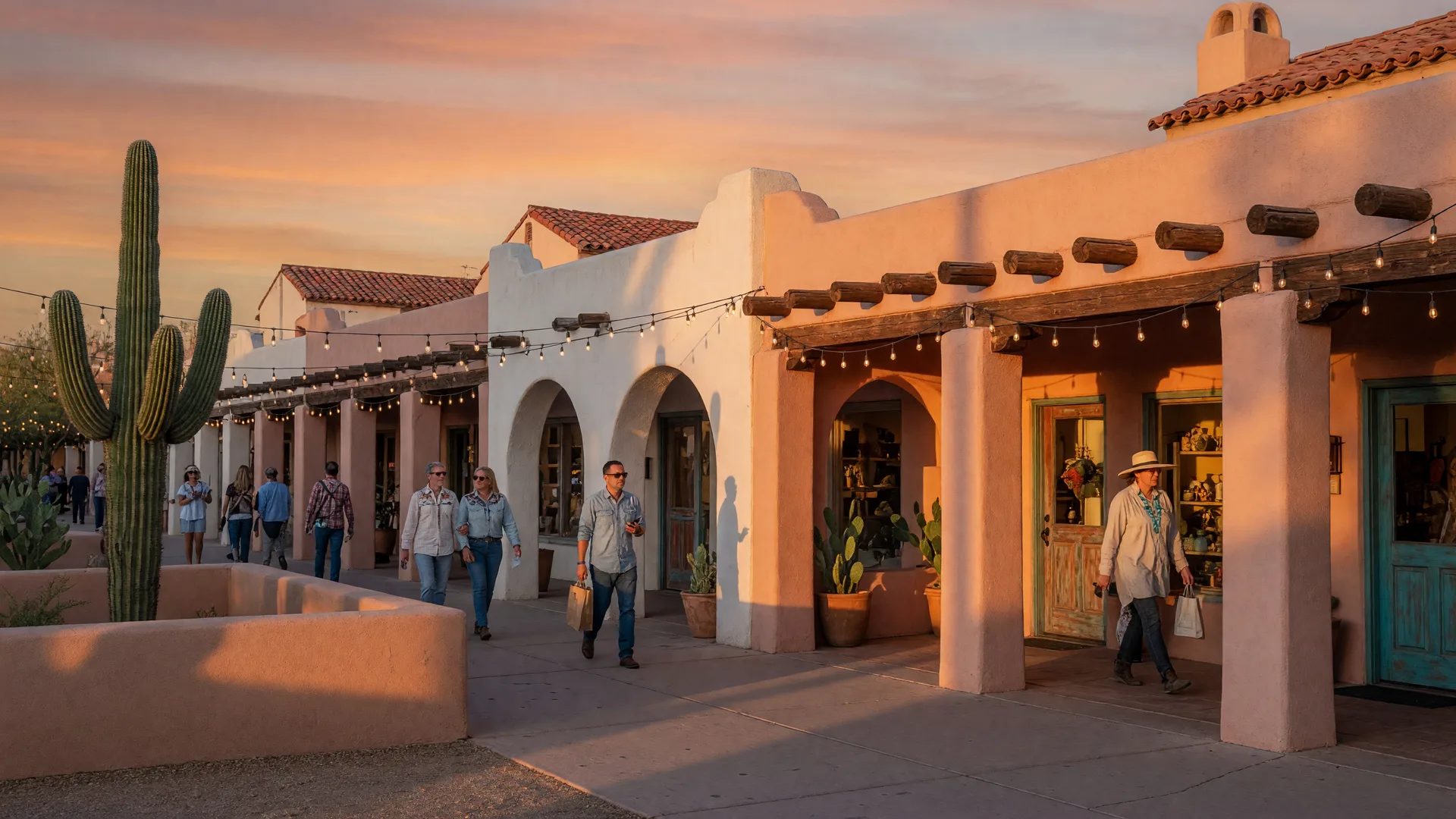 Old Town Scottsdale street with Southwestern storefronts, a sculpted saguaro, and glowing string lights at golden hour