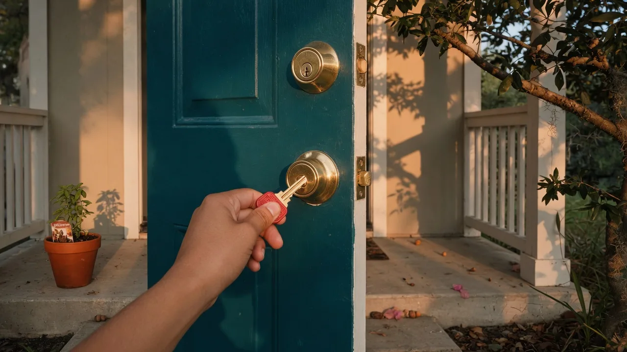 A hand placing a brass house key into the front door deadbolt of a suburban San Antonio home at golden hour